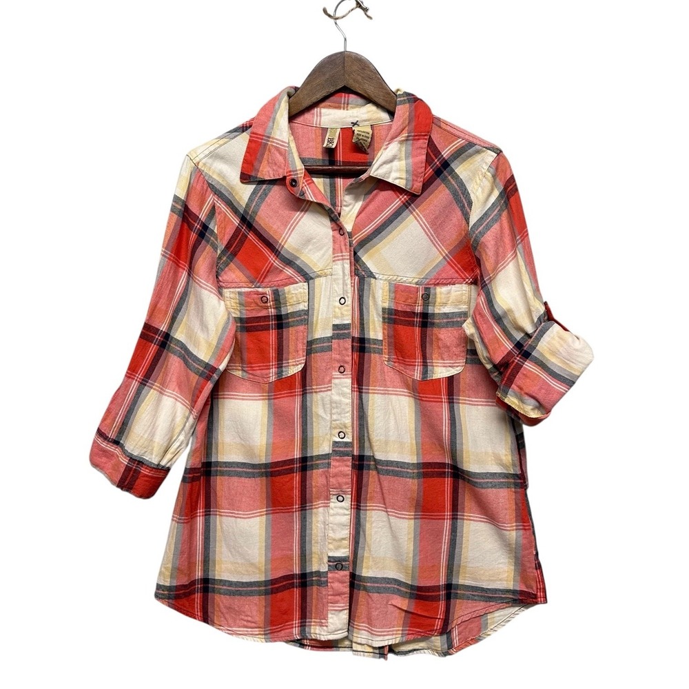 Lucky Brand Button Up Shirt Womens Size Large Red Orange‎ Plaid Roll Tab Sleeves